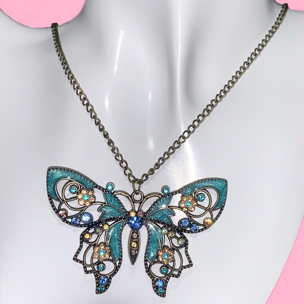 Elegant Blue And Gold Butterfly Pendant Necklace